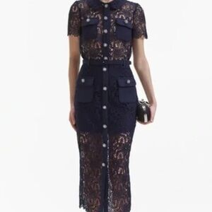 Self-Portrait NAVY LACE MIDI SKIRT - US 2